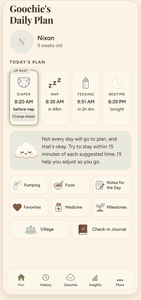Goochie’s Daily Plan in the app: diaper 8:20 AM, nap 8:35 AM, feeding 9:51 AM, bedtime 8:29 PM