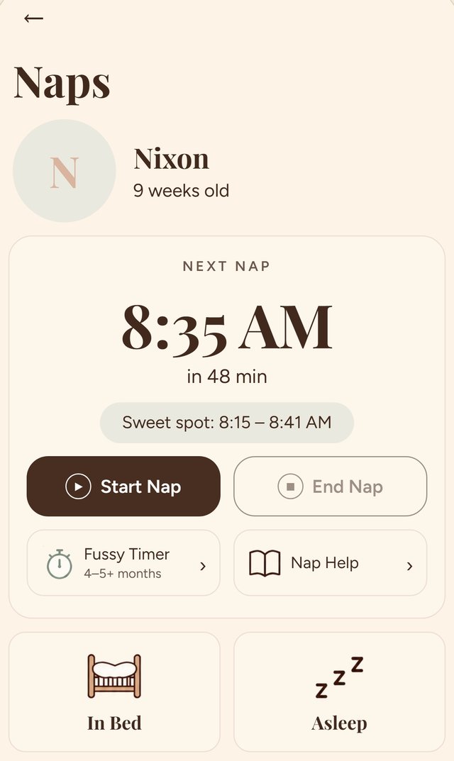 The naps screen: next nap 8:35 AM, sweet spot 8:15 to 8:41 AM, with Start Nap, In Bed and Asleep