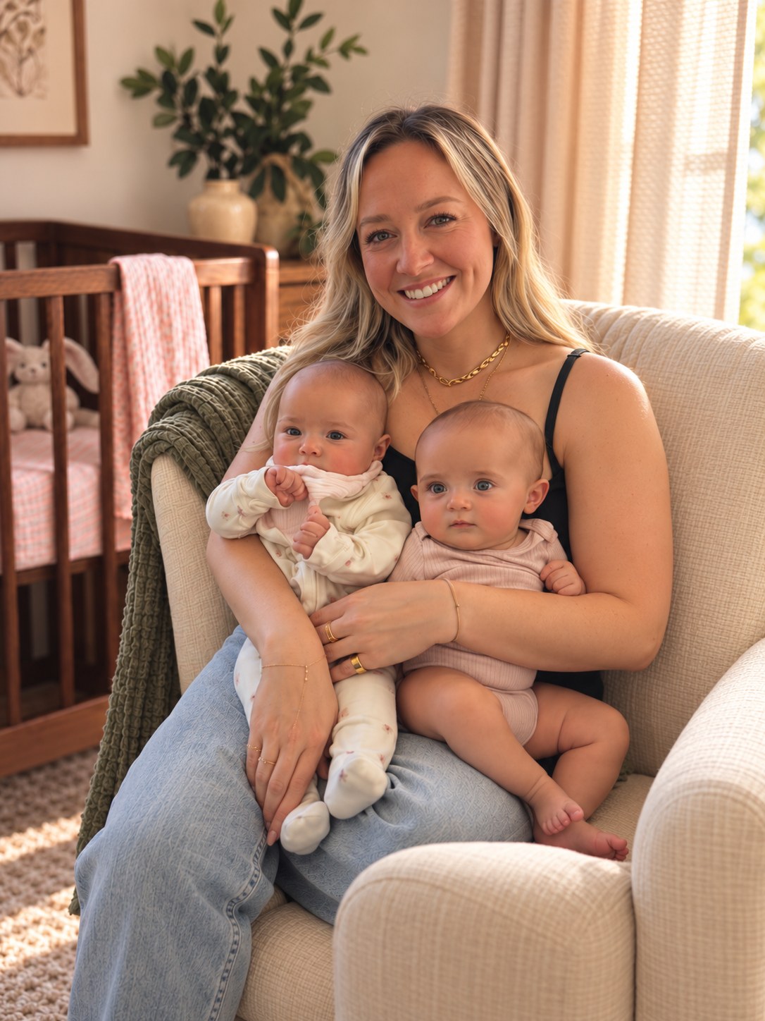 A smiling mother in a nursery armchair holding two babies on her lap